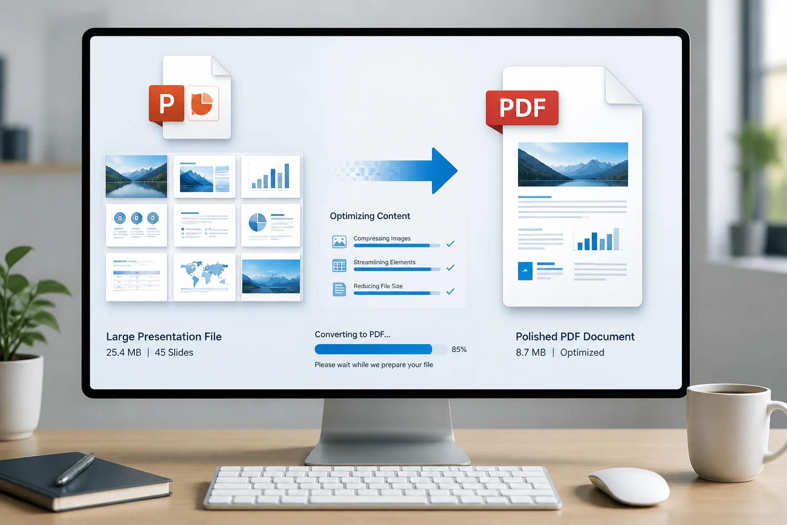 Illustration of converting a large PowerPoint presentation into a PDF