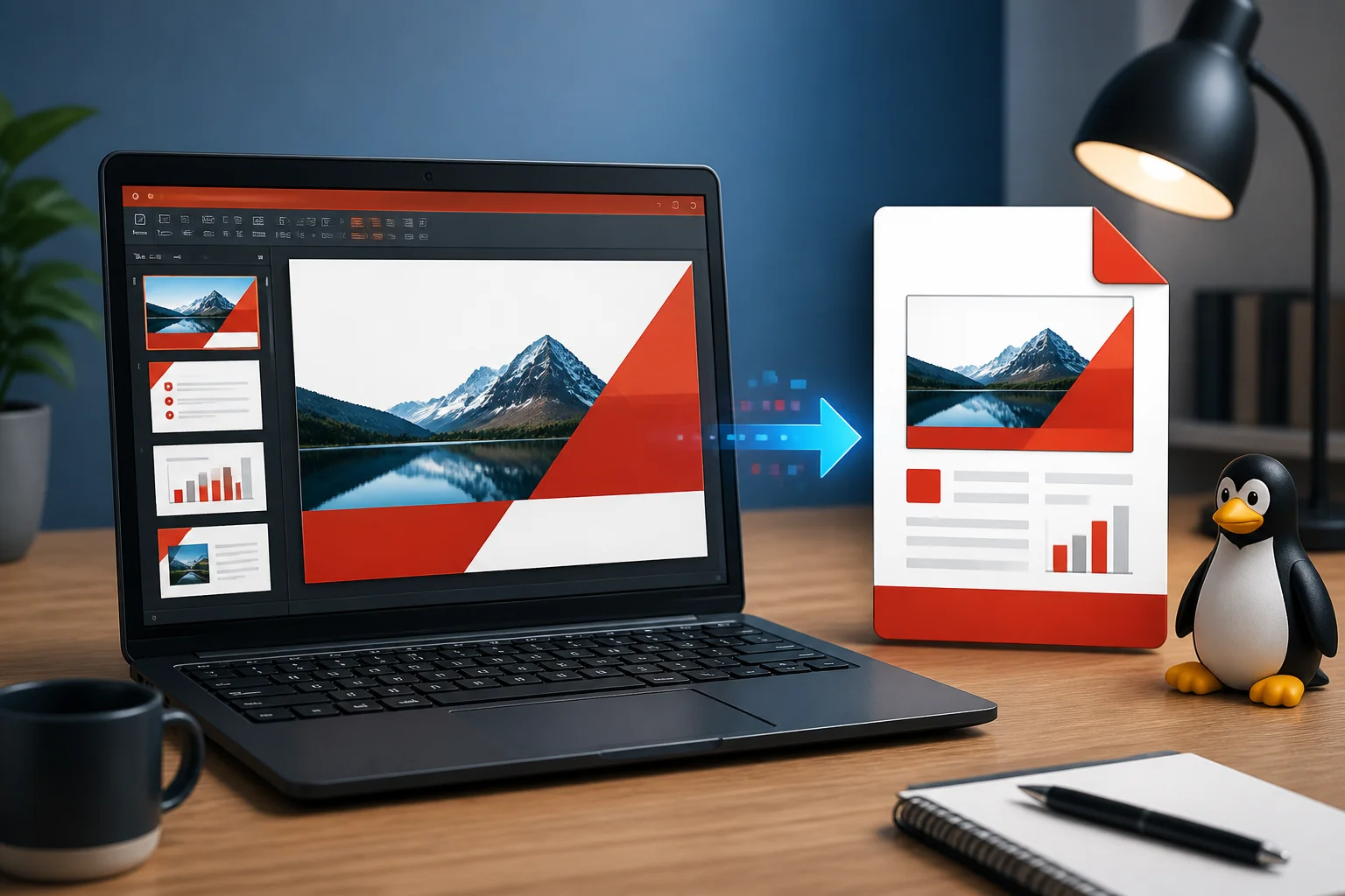 Linux laptop converting a PowerPoint presentation into a PDF