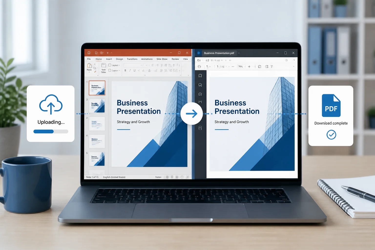 Laptop showing a PowerPoint presentation being converted into a PDF