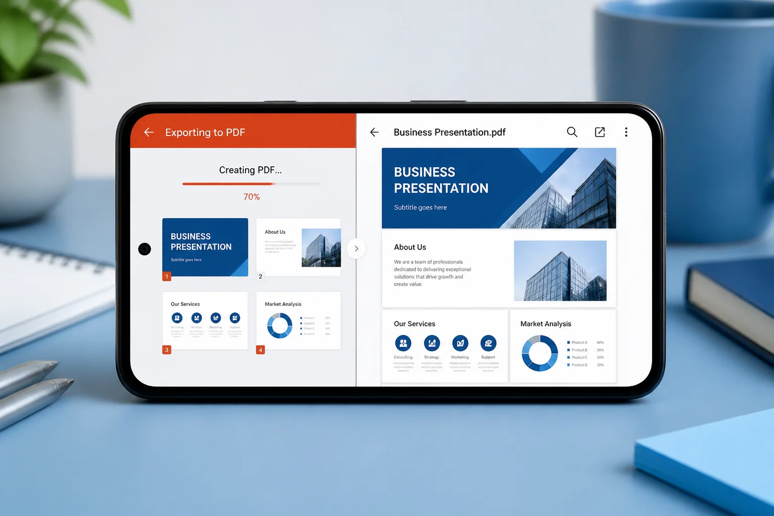 Android phone showing a PowerPoint presentation being converted to a PDF
