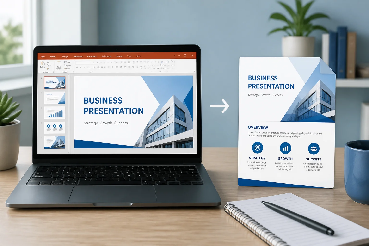 Chromebook displaying a PowerPoint presentation and converted PDF
