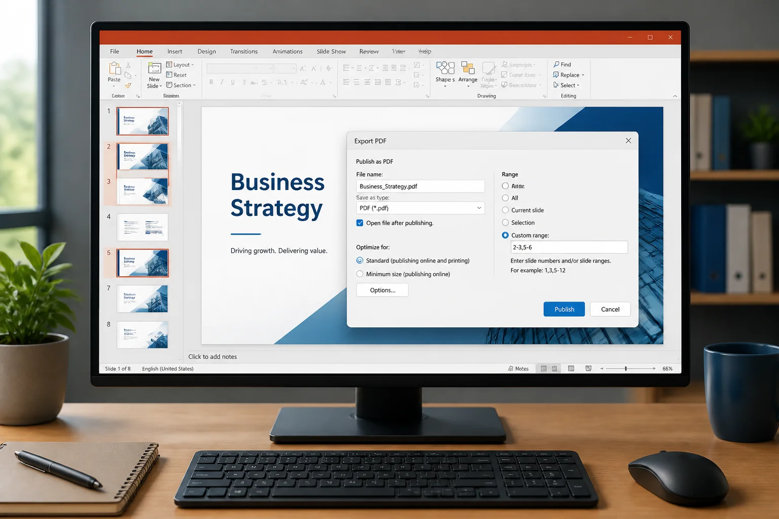 PowerPoint custom slide range being exported as a PDF