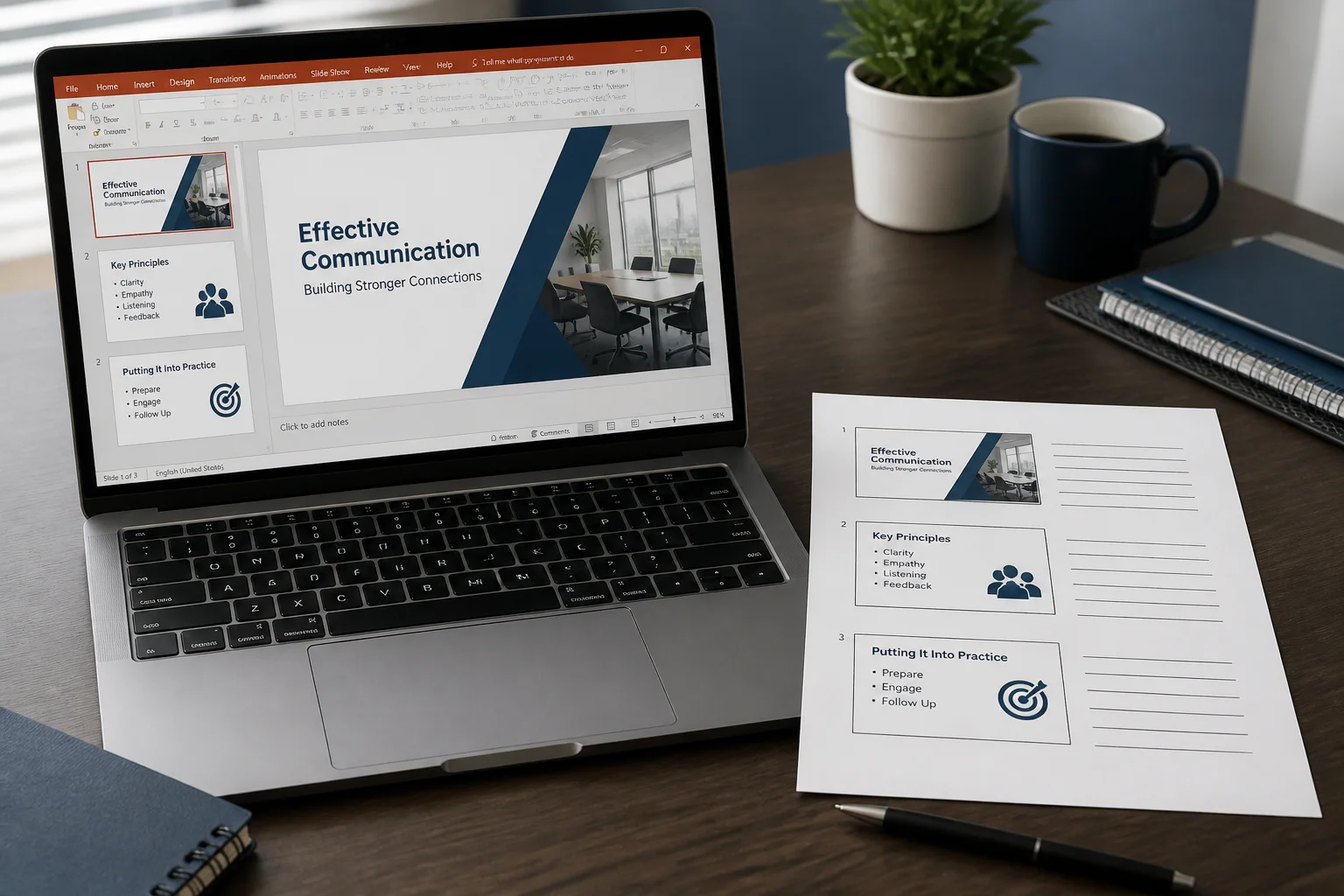 PowerPoint presentation beside a printed PDF handout with three slides per page