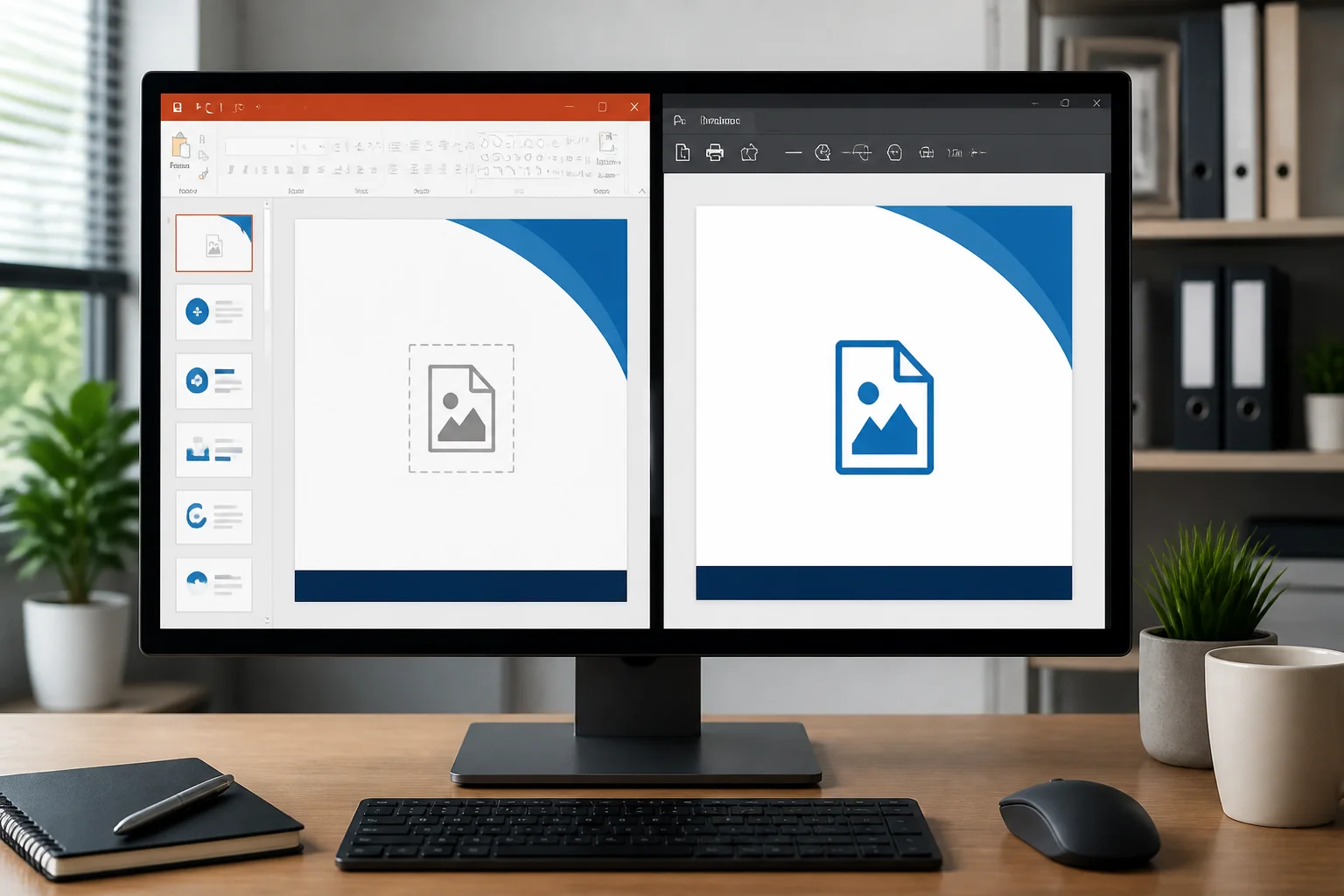 PowerPoint slide showing a missing SVG icon beside a corrected PDF export