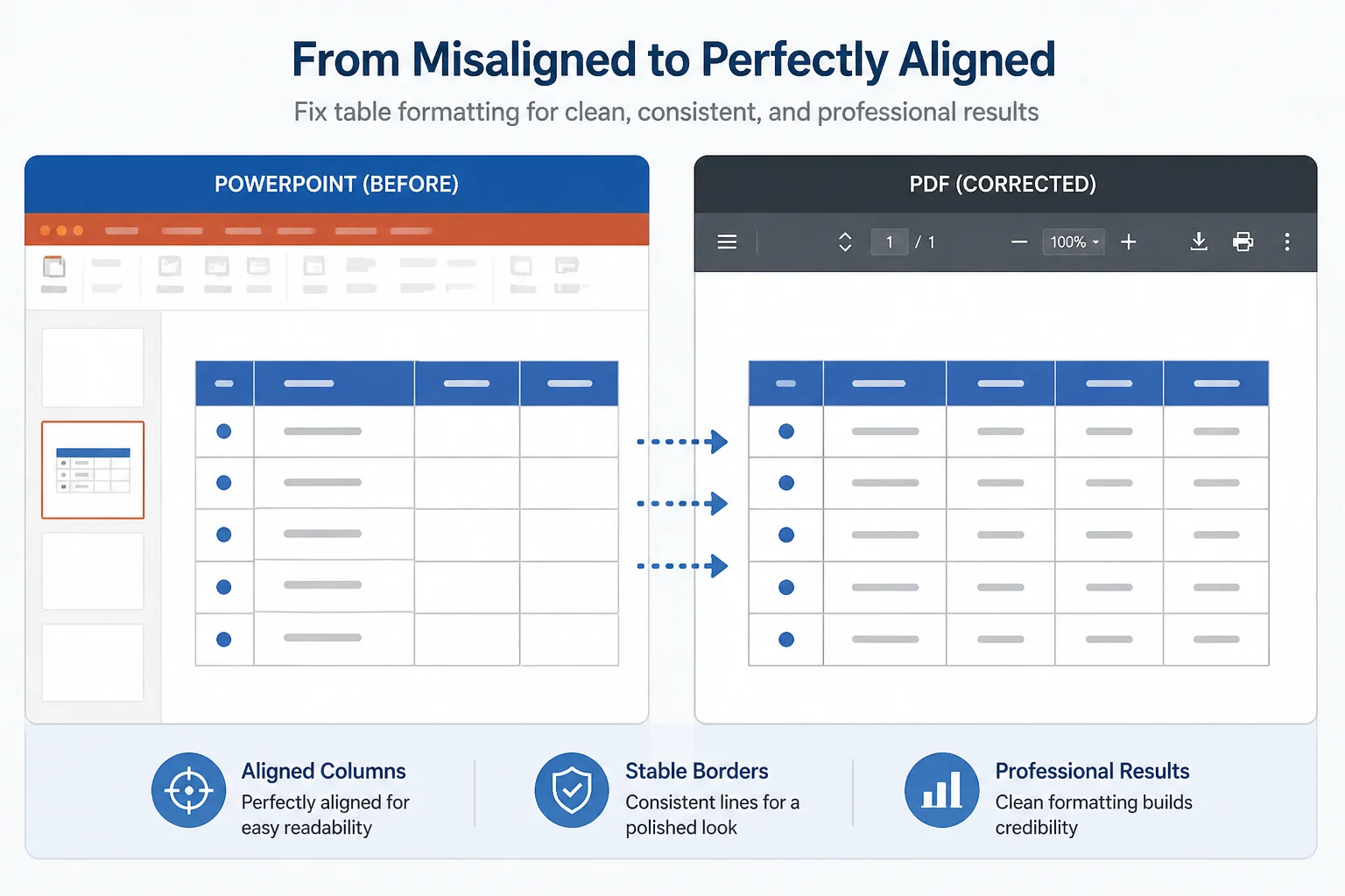Before-and-after illustration of a PowerPoint table corrected for PDF conversion