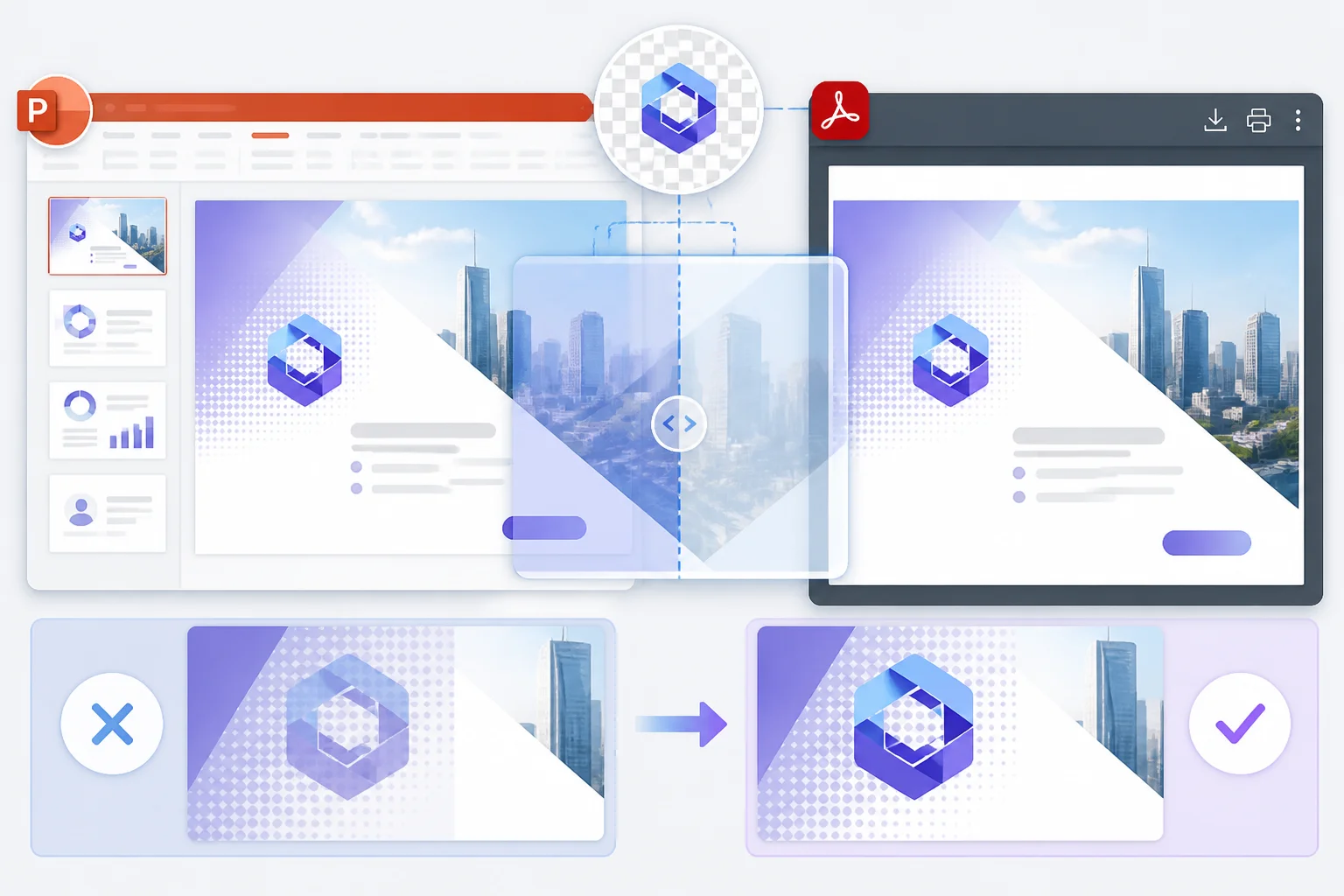 Before-and-after comparison of PowerPoint transparency in a PDF export