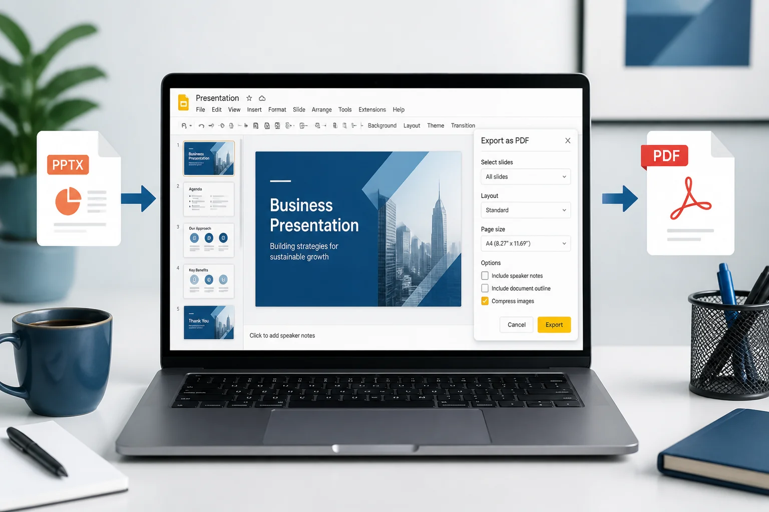 Laptop showing a PowerPoint presentation in Google Slides being exported as a PDF