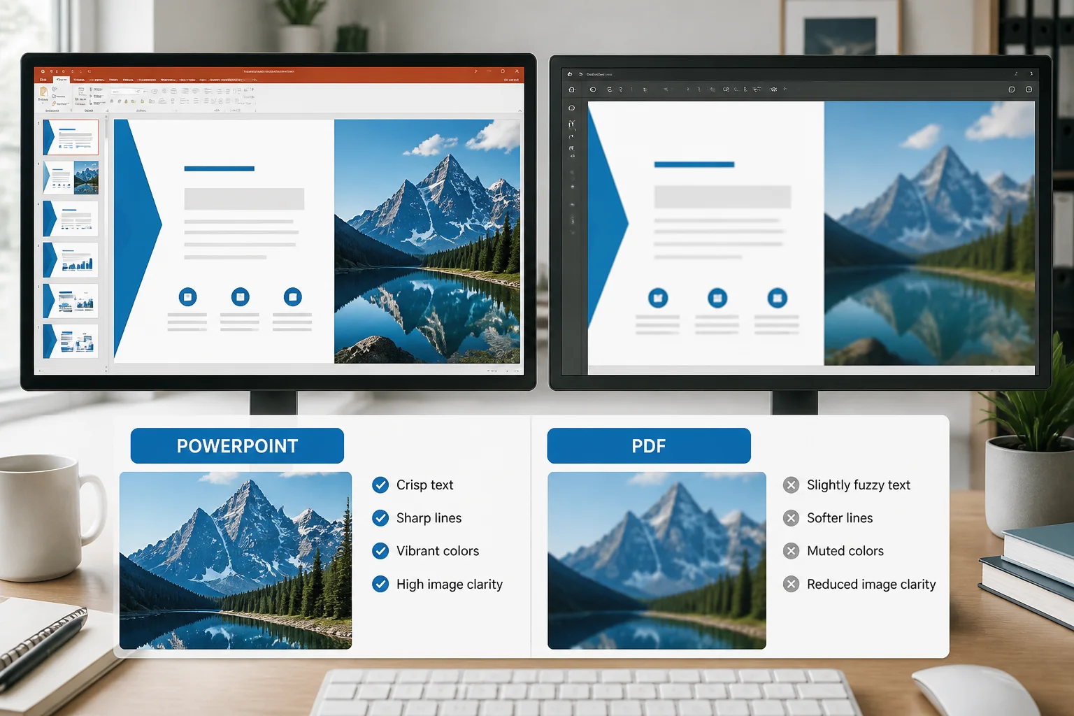 Sharp PowerPoint image compared with a blurry PDF export