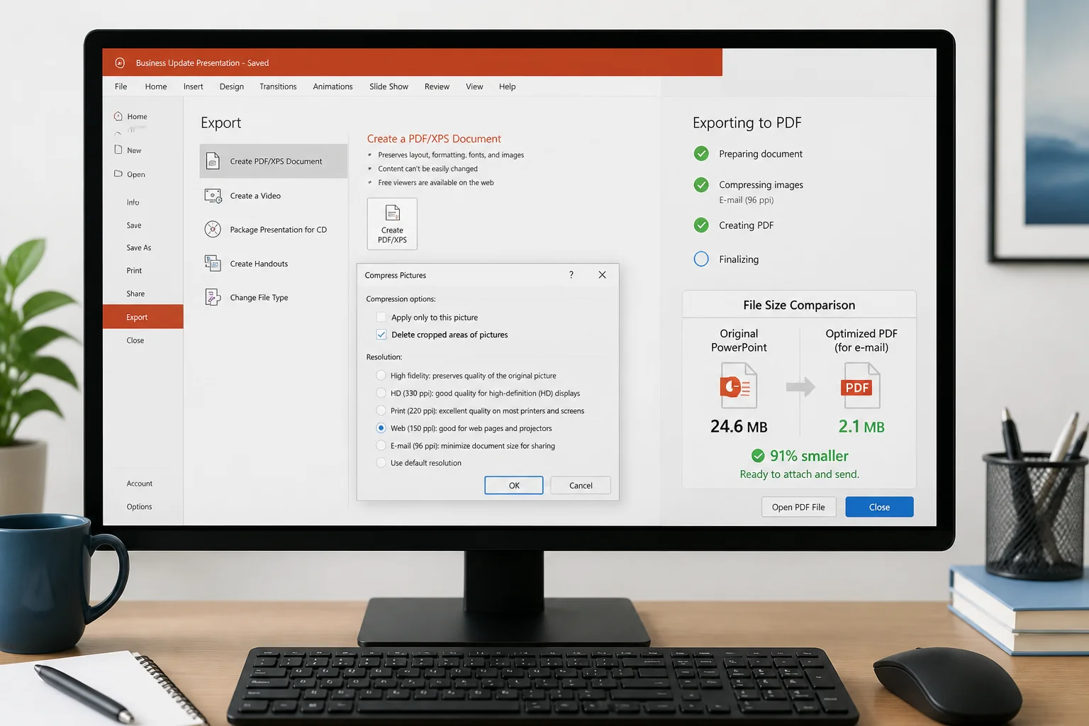 PowerPoint presentation being compressed and exported as a smaller PDF for email
