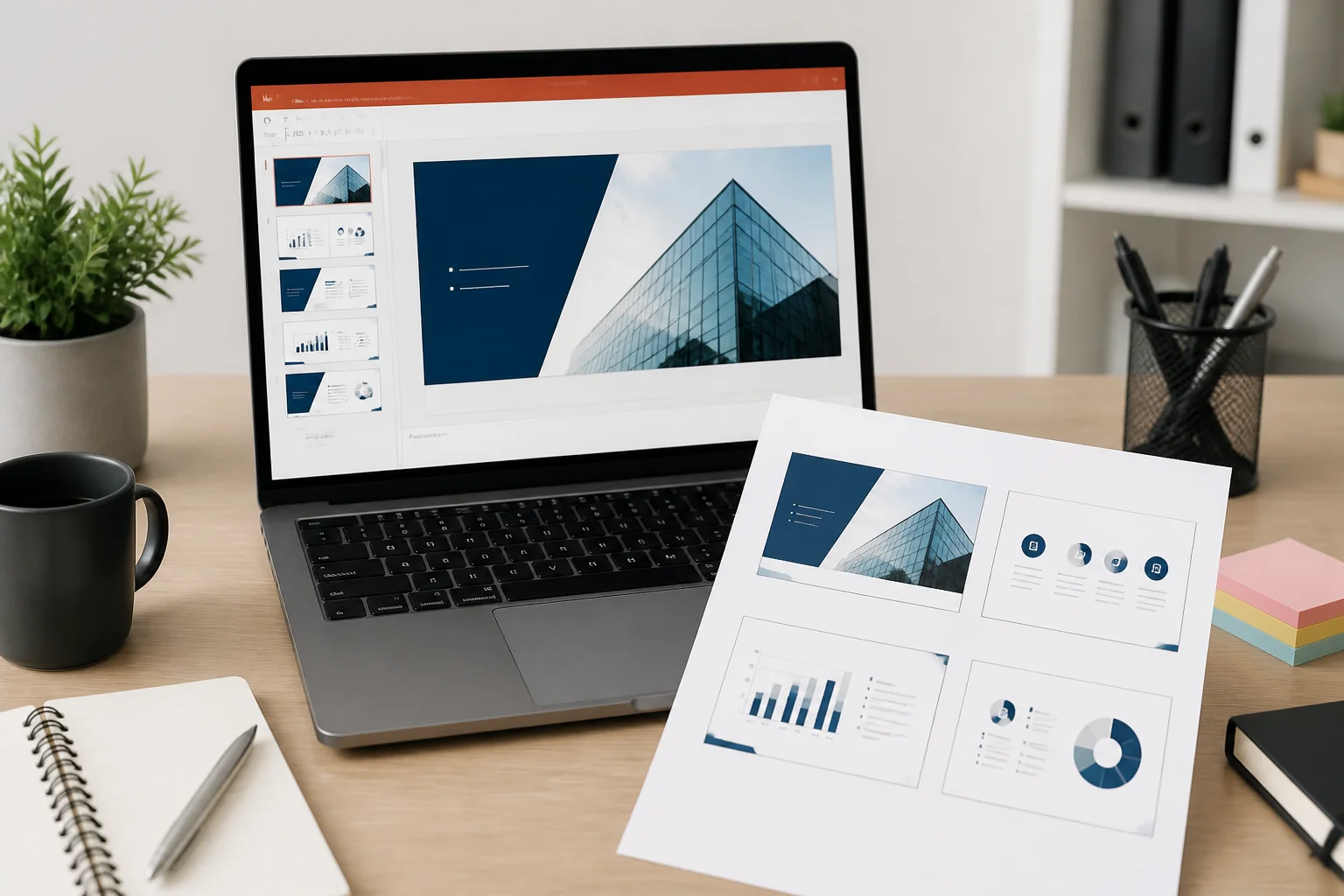 Laptop showing a PowerPoint presentation converted into a multi-slide PDF handout