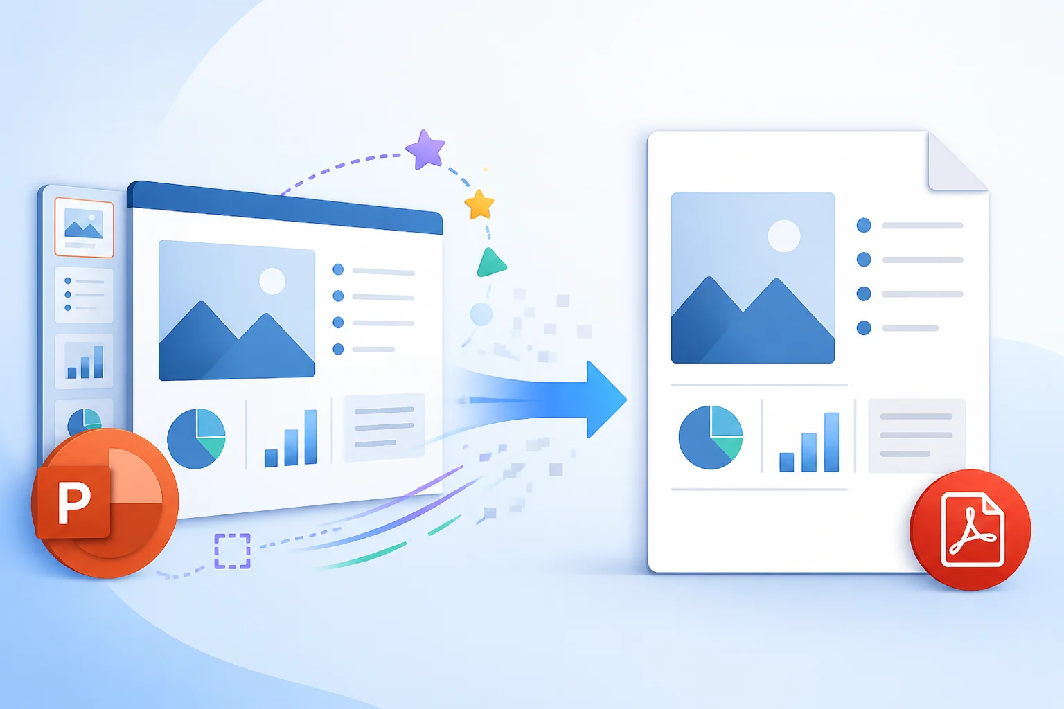 Illustration showing PowerPoint animations becoming static pages in a PDF