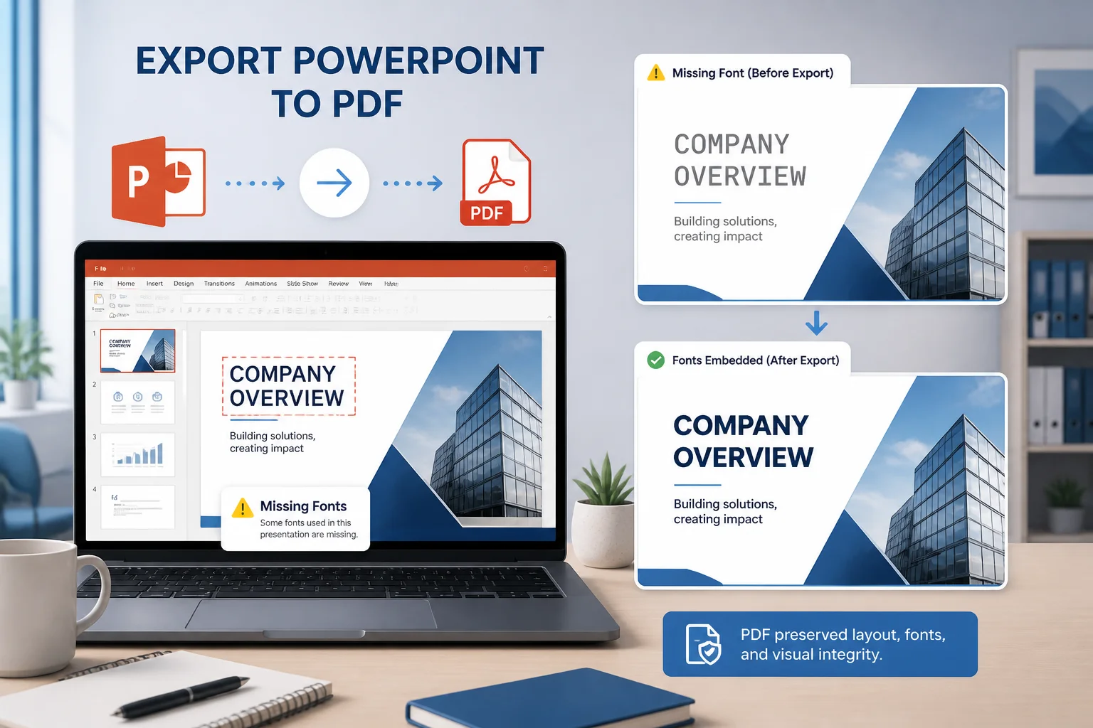 Illustration showing PowerPoint fonts being preserved during PDF export