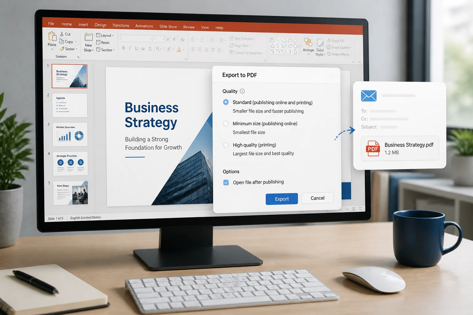 PowerPoint PDF export settings for creating an email-friendly presentation