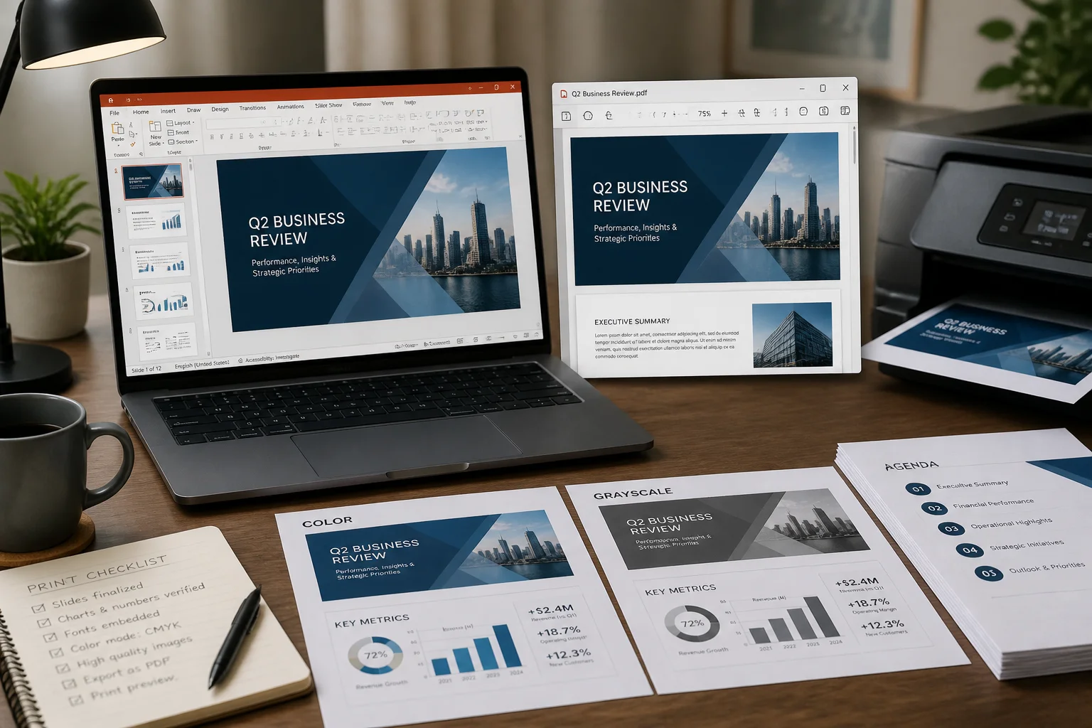 PowerPoint presentation and PDF print quality settings shown beside printed pages