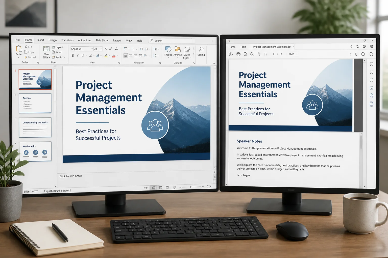 PowerPoint slide and speaker notes shown together in a PDF preview