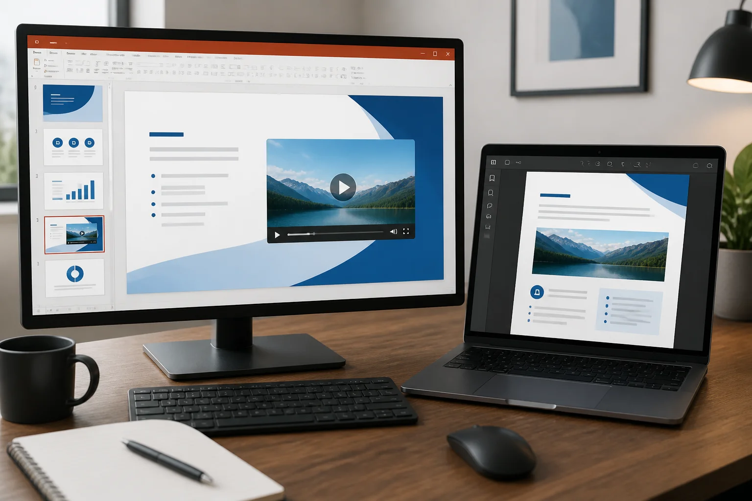PowerPoint slide with embedded video beside a converted PDF page