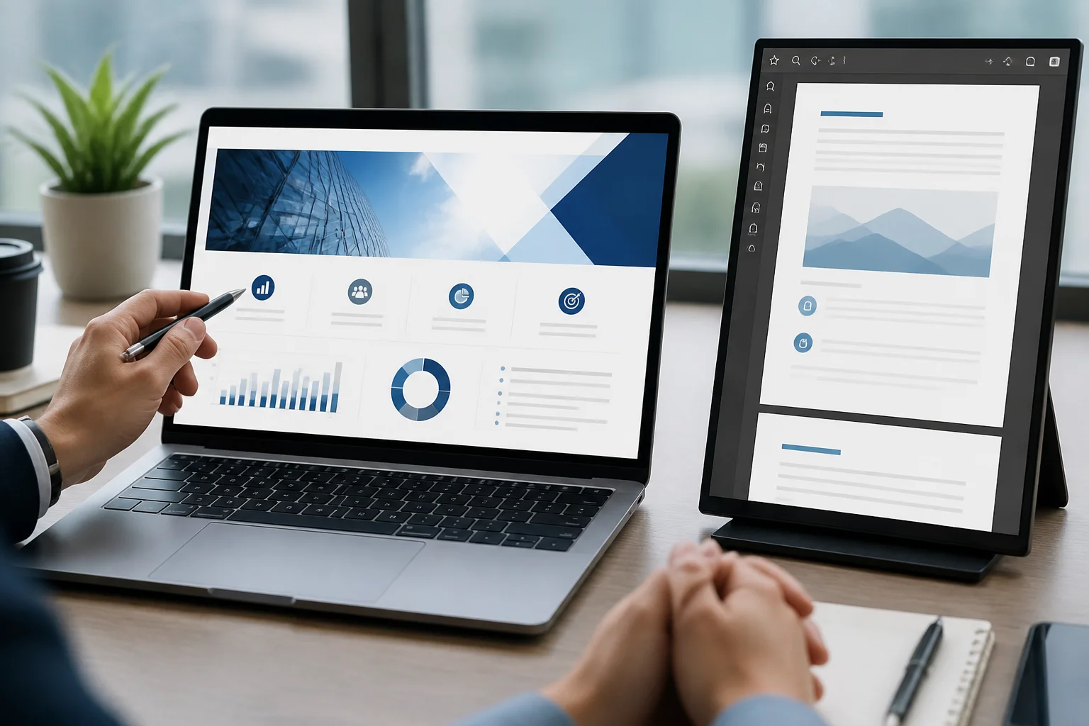 Laptop displaying a PowerPoint presentation and its polished PDF export for client delivery
