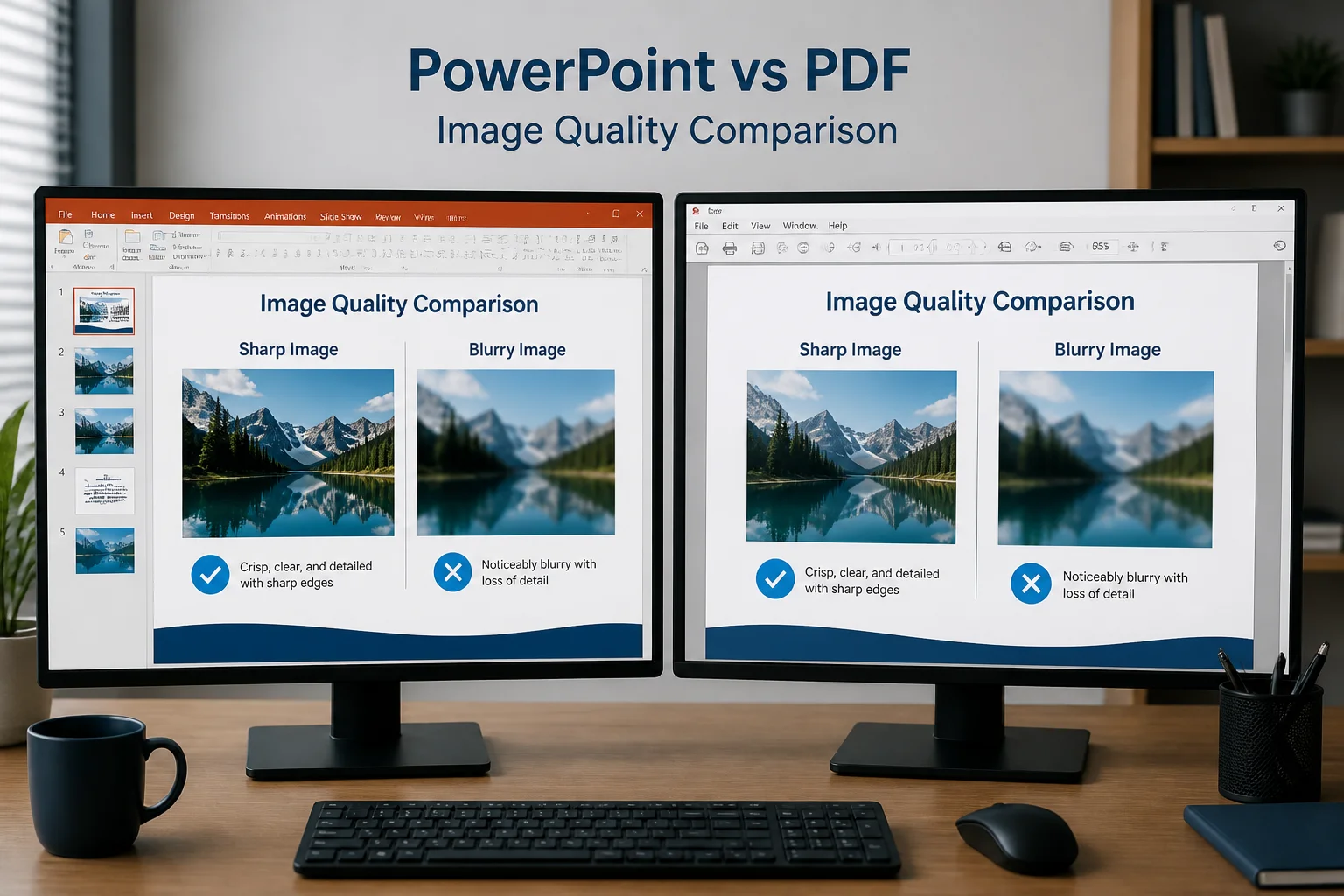 Comparison of sharp and blurry images in a PowerPoint PDF