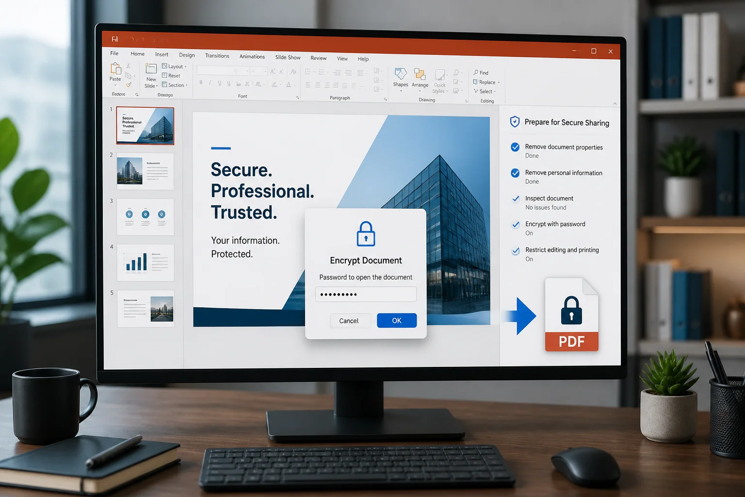Checklist and lock icon beside a PowerPoint presentation being exported as a protected PDF