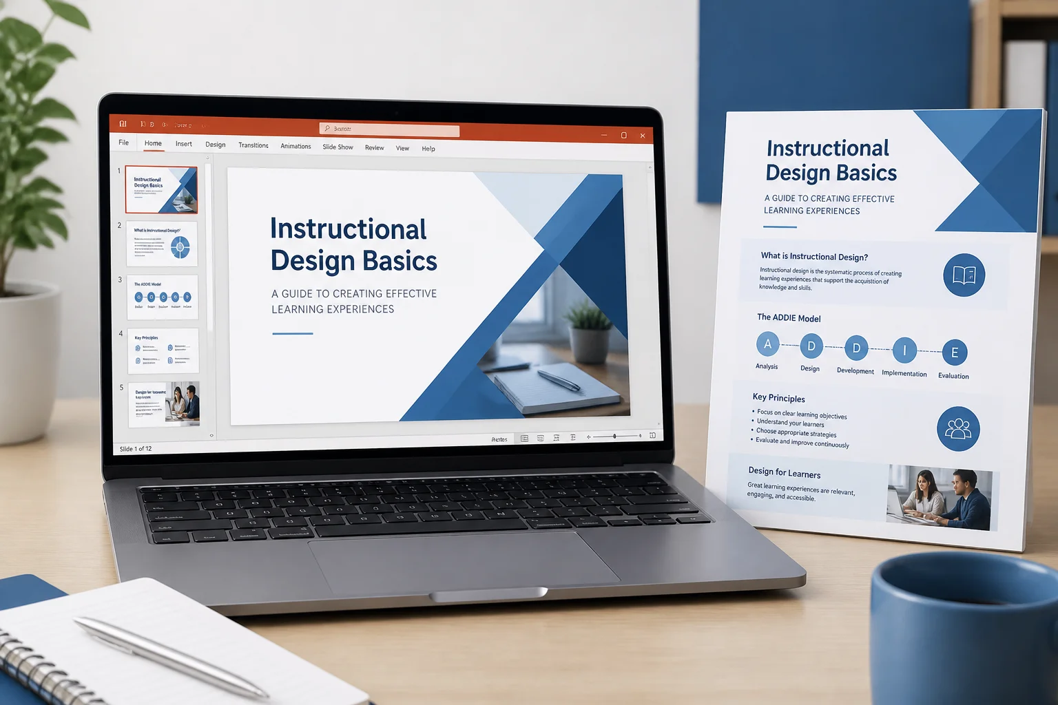 Windows laptop displaying a PowerPoint presentation beside an exported PDF document