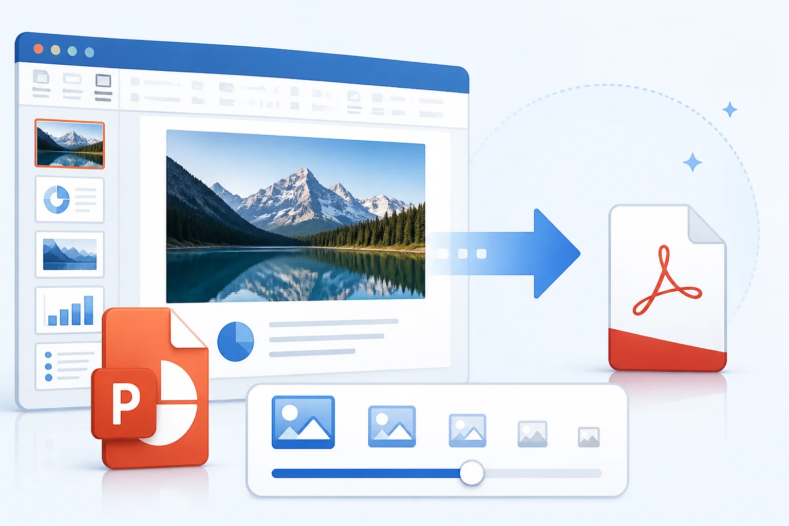 Illustration showing a large PowerPoint presentation being compressed into a smaller PDF
