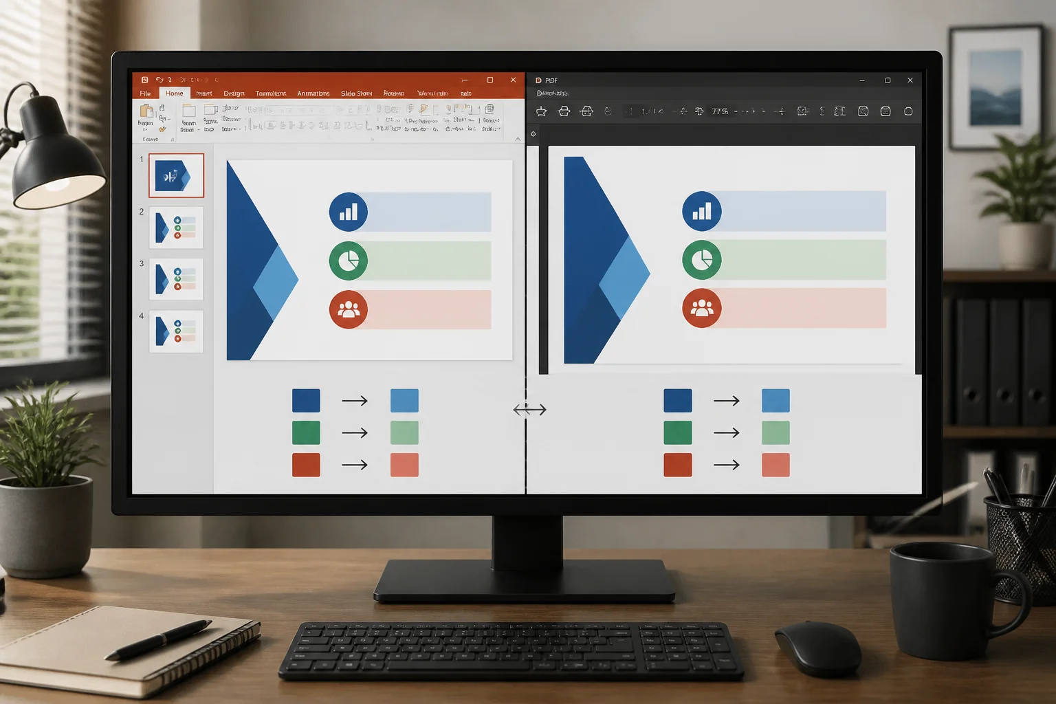 PowerPoint slide and PDF showing a subtle color difference during export