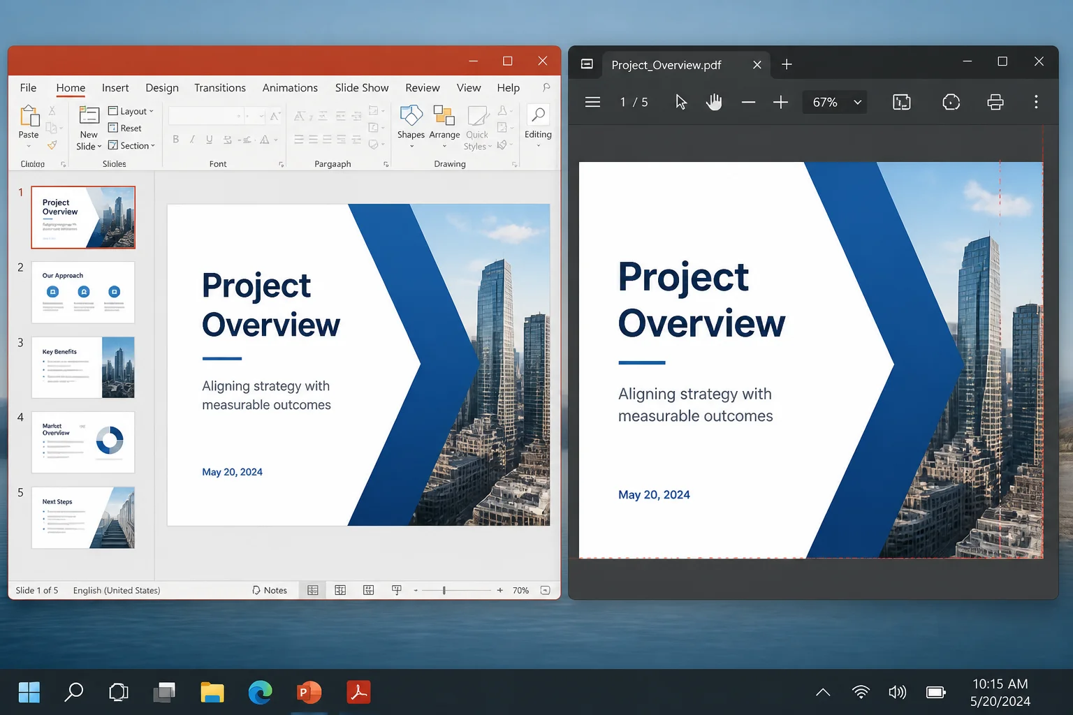 PowerPoint slide with cropped edges beside a PDF preview