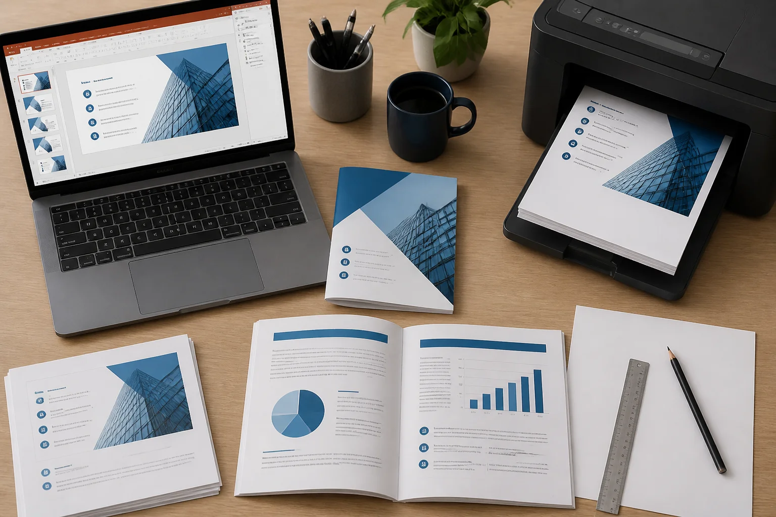 PowerPoint PDF booklet printing setup with a folded booklet, laptop, and duplex printer